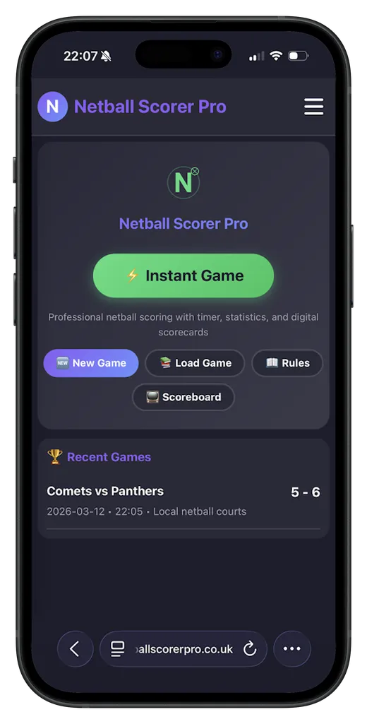 Netball Scorer Pro home screen showing Instant Game button, New Game options, and recent match history