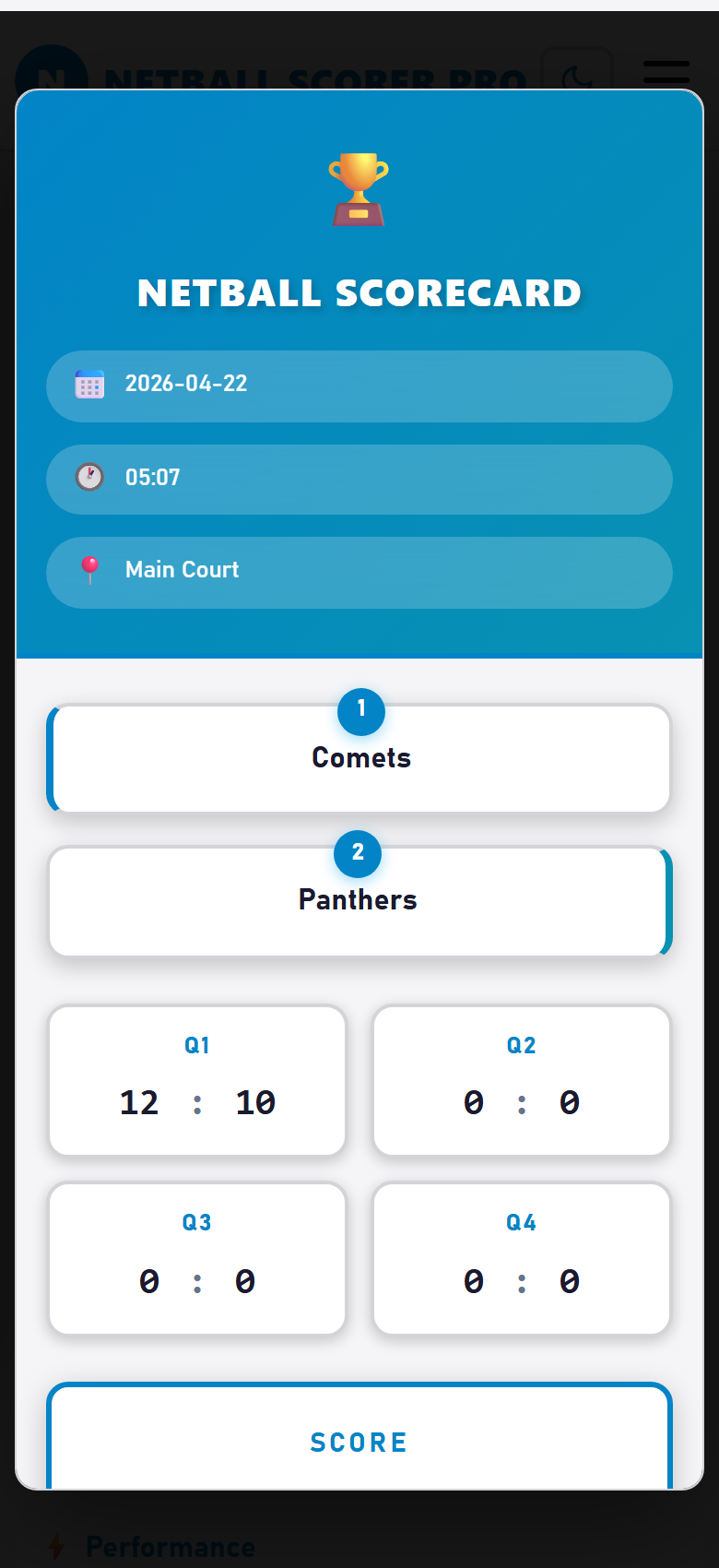 Print-ready scorecard with quarter scores and match details