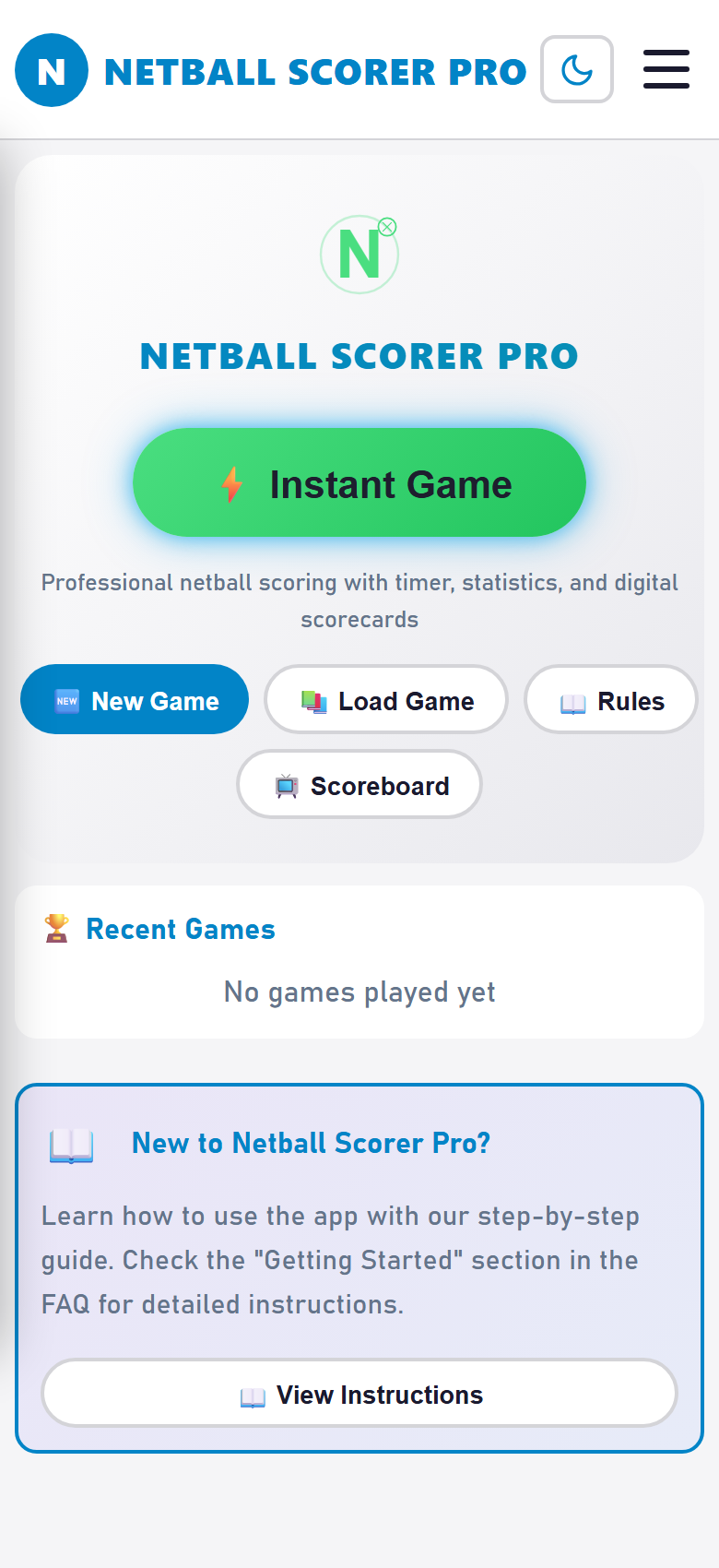Netball Scorer Pro home screen with Instant Game and New Game options