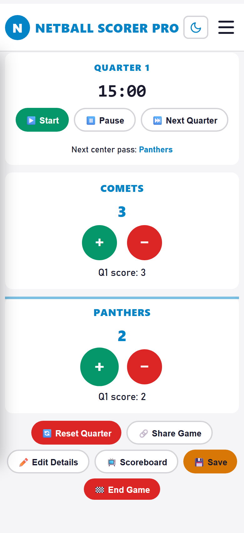 Live scoring screen with countdown timer and centre-pass indicator