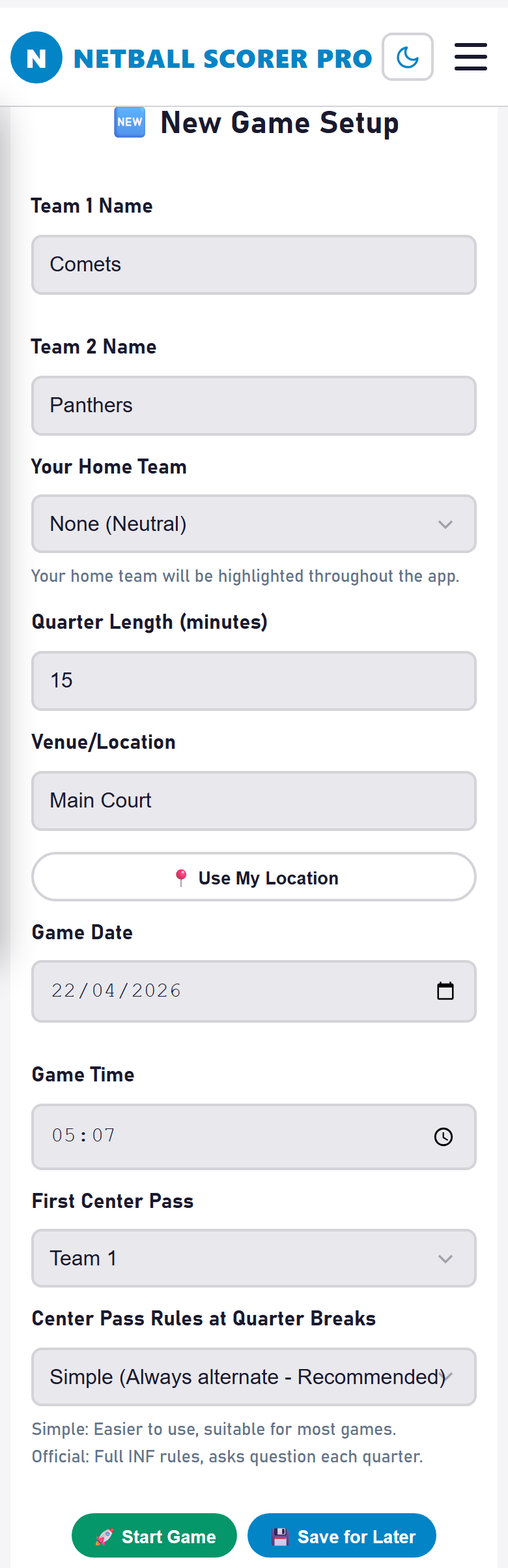 Match setup screen showing quarter length options and team setup