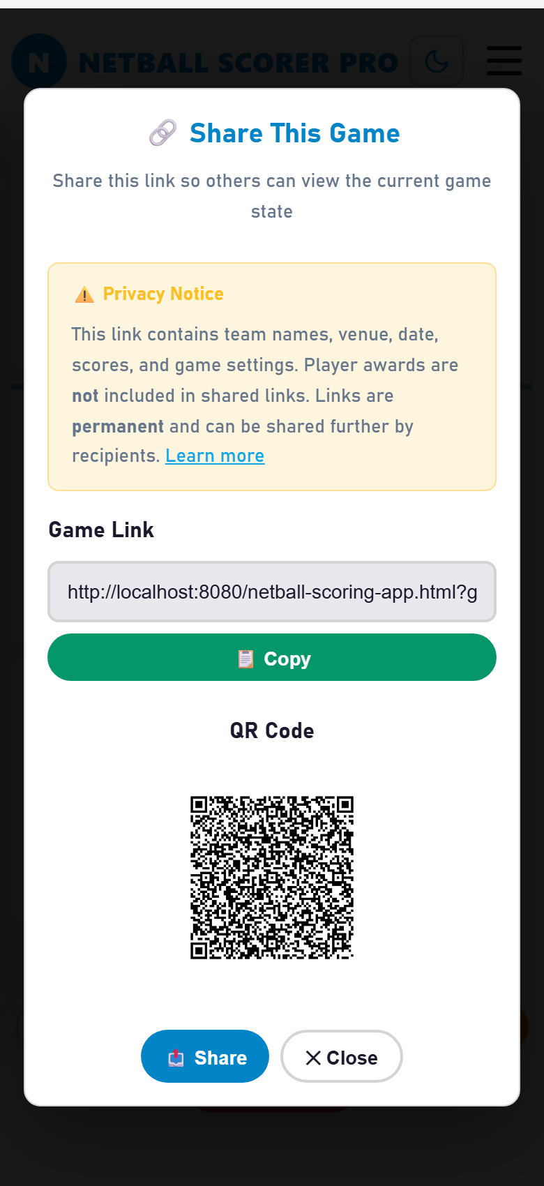 Share screen showing link and QR code for match result