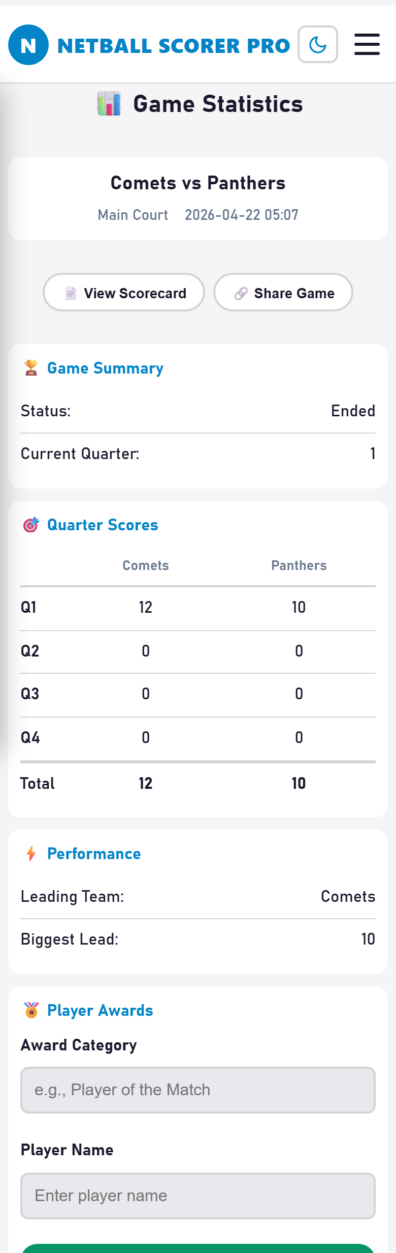 Match summary screen showing quarter scores and totals